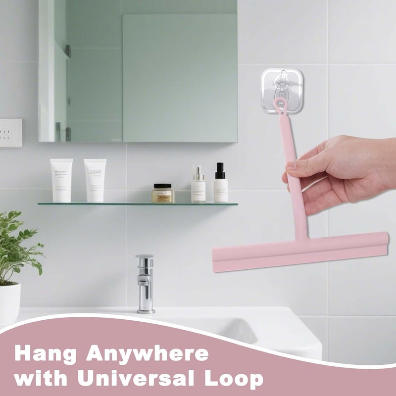 DEOFUXT Squeegee for Shower Glass Doors, Resilient Loop - No-Drill & Adhesive Hook, Silicone Shower Squeegee with Stainless Steel Core, Cleaning Tool for Home, Kitchen, Bathroom & Car - Pink - Image 4